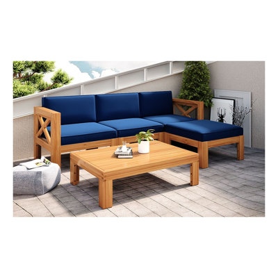 Ensemble de canapé modulaire d'extérieur 5 pièces avec coussins TopMAX, structure en bois massif, naturel
