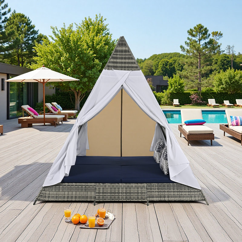 90.5" Outdoor Wicker Sunbed With Tent Curtains & Colorful Pillows - Adjustable Privacy Design, 700 Lb Capacity, Weather-resistant For Poolside, Patio & Garden