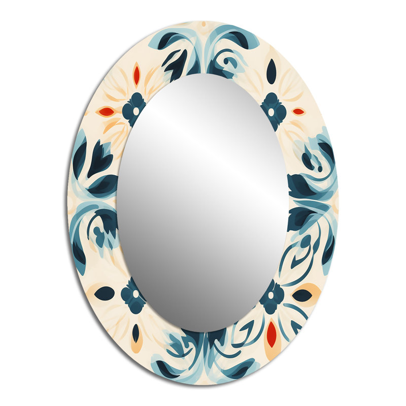 Miroir mural moderne beige et bleu damassé marocain, H 40 po x l 30 po