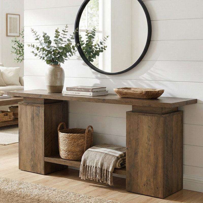 62.99" Rustic MDF Console Table, Long Sofa Table Behind Couch, Entryway Table With Open Storage Shelf For Farmhouse Industrial Transitional Living Rooms