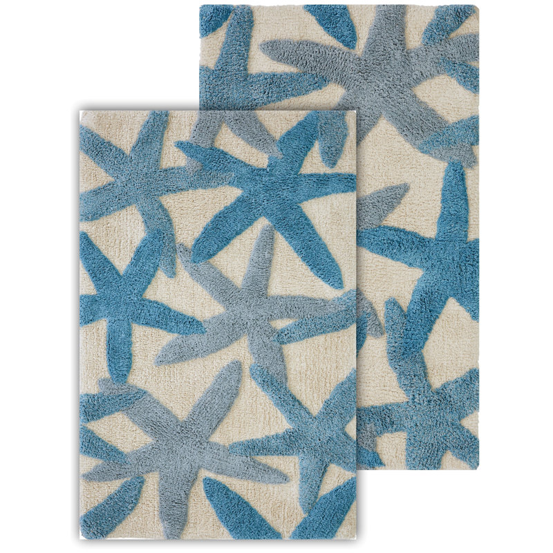 Sunbriar Rectangle 100% Cotton Animal Print 2 piece Bath Rug Set, Aqua