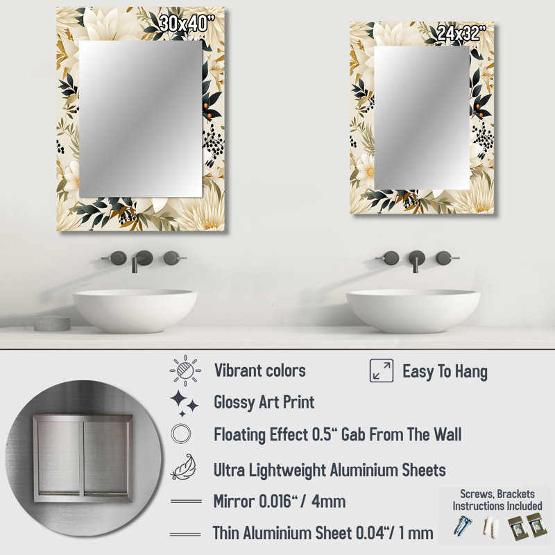 Zayid, œillets, mandalas, fleurs, motif bohème - miroir décoratif floral, grand miroir mural, art en métal imprimé