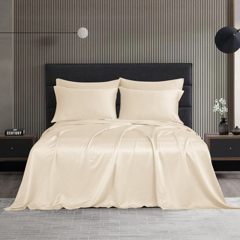 Modern Threads 6-Piece Satin Sheet Set with Deep Pocket Fitted Sheet, 4 Pillowcases, and Organizer, Beige