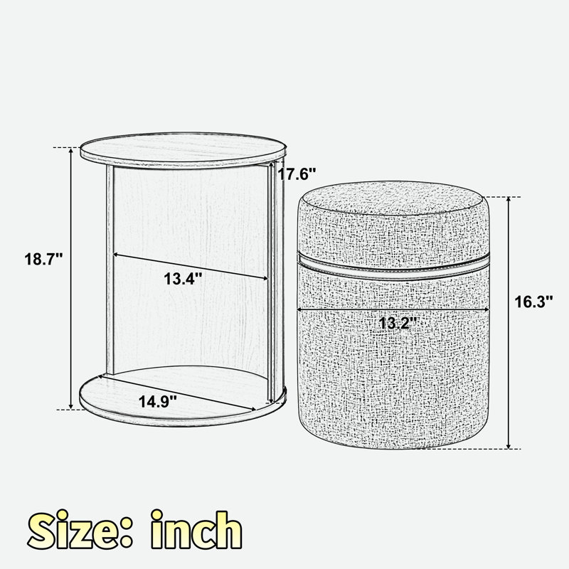 Table de bout combinée moderne avec tabouret indépendant en tissu uni