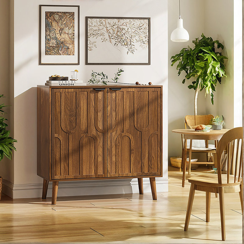 Sideboard Buffet Cabinet With Storage, Farmhouse Buffet Cabinet With Paper Clip Design, Wood Coffee Bar Storage Cabinet For Kitchen, Dining Room, Living Room, Entryway, Walnut,31.5" W