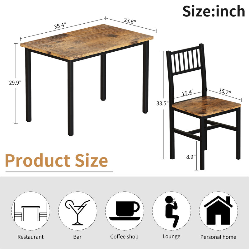 Ensemble de salle à manger 2 pièces pour salle à manger de style moderne 3 pièces Mareile, ensemble de salle à manger rectangulaire L 35,4 po x l 23,6 po avec 2 chaises à haut dossier