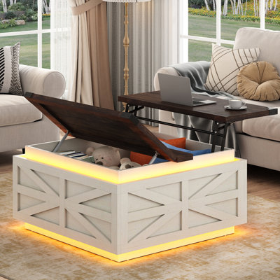 Farmhouse Lift Top Coffee Table With Charging Station&USB Ports, Square Coffee Table With Storage And LED Lights, Wood Square Centre Table With Large Hidden Storage Compartment For Living Room