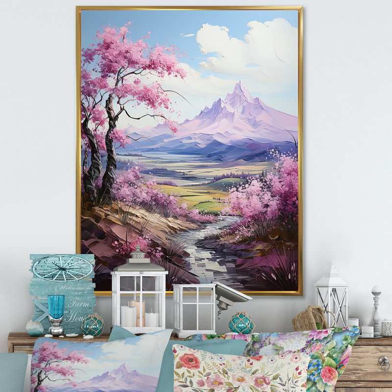 Lilas mauves dans un charme de montagne sur toile, Cadre flottant doré, H 44 po x l 34 po x P 1,5 po