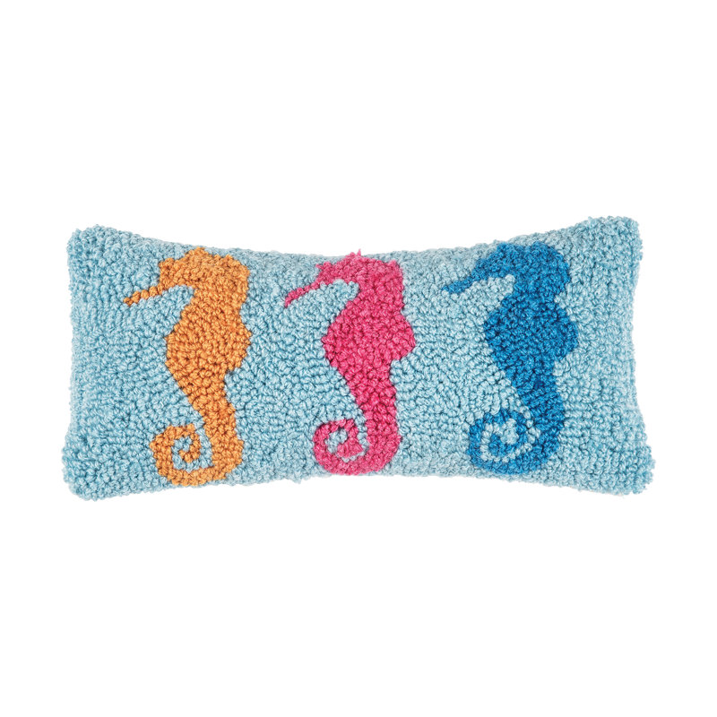 Multicolor Seahorses Hooked Coastal Throw Pillow 6" x 12"