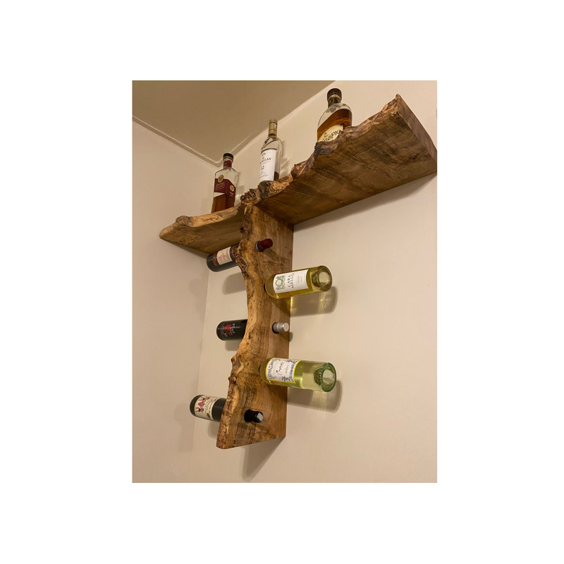 Gurtaj 5 Bottle Solid Wood Wall Mounted Wine Bottle & Glass Rack in Brown