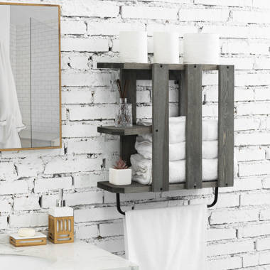 Whitewashed Wall Mounted Bathroom Organizer Rack with Towel Bar – MyGift