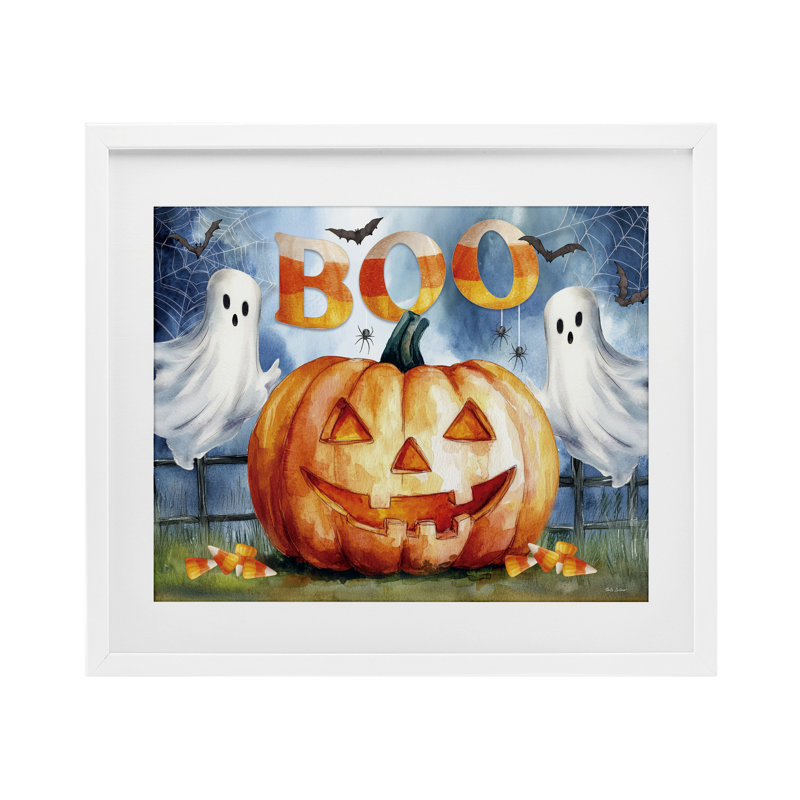 Boo Ghost & Jack-o-Lantern, reproduction encadrée sous verre, design par Nicole DeCamp, H 17 po x l 21 po, Cadre blanc côtier