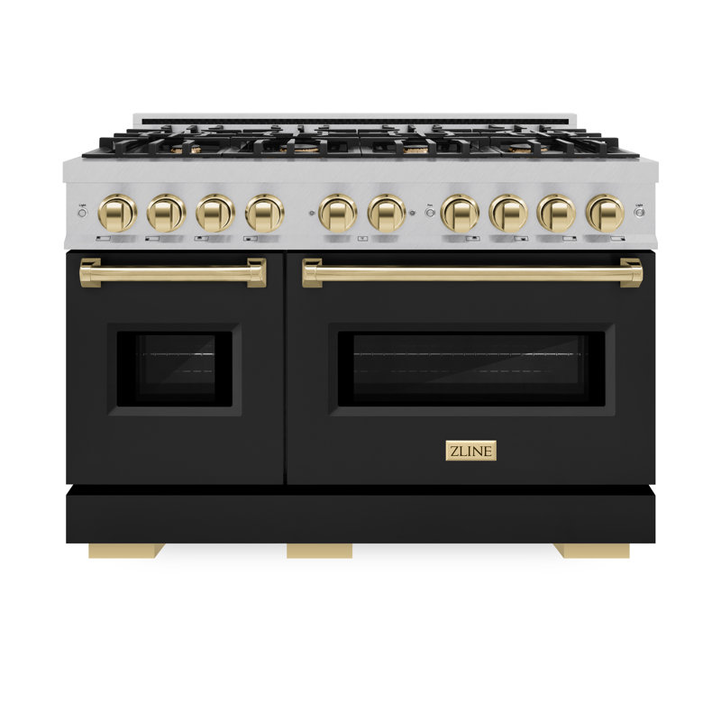 ZLINE Autograph 48" Classic Double Oven Dual Fuel Range w/ Champagne Bronze Accents, Black Matte/Satin Stainless Steel, Gold