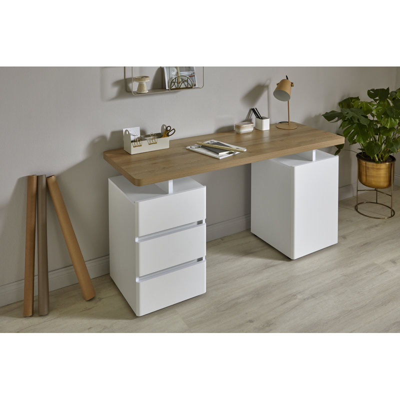 Cuuba 59,05 Rectangular Writing Desk with 2 Storage Cabinets, White/Riviera Oak