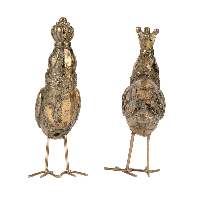 Set of 2 Gold Bird Sculptures with Playful Crowns, 7” Resin and Metal Figurines, Whimsical Home Accents for Mantel, Tabletop, Shelf, or Desk 