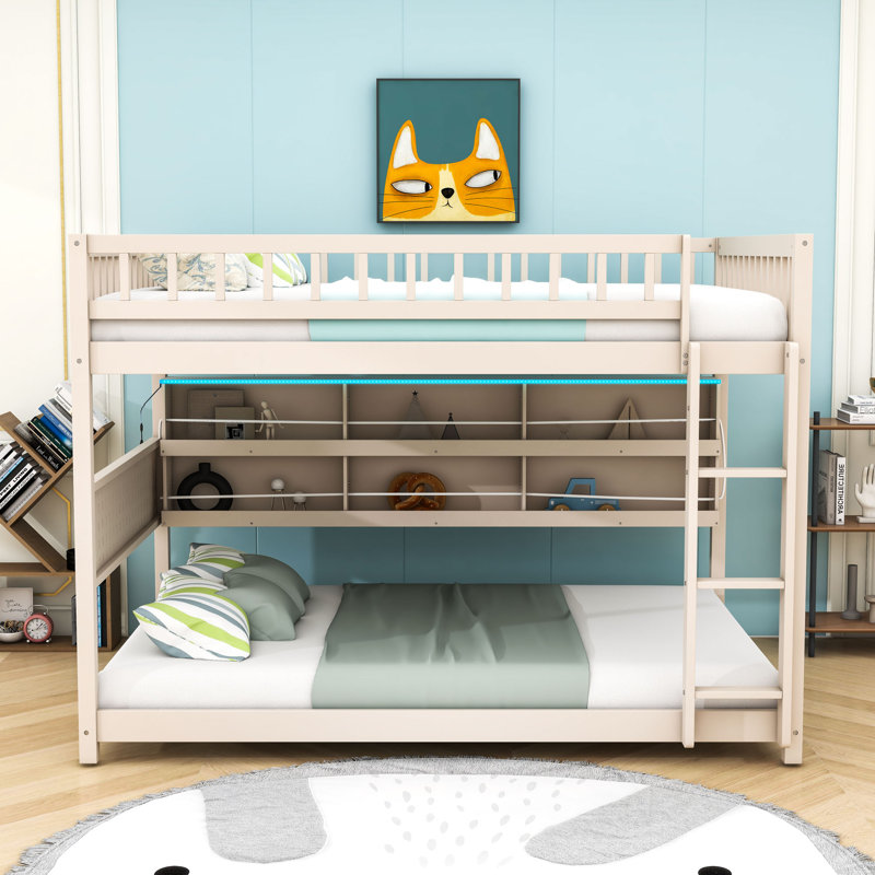 Lit superposé double en bois avec tablettes de rangement et bande lumineuse, Beige