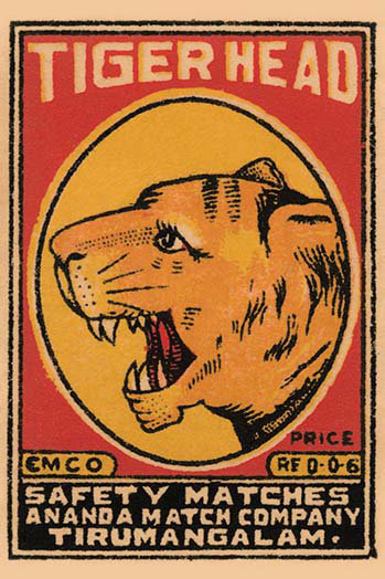 « tiger head safetyy matches », affiche rétro, H 30 po x l 20 po x P 1,5 po