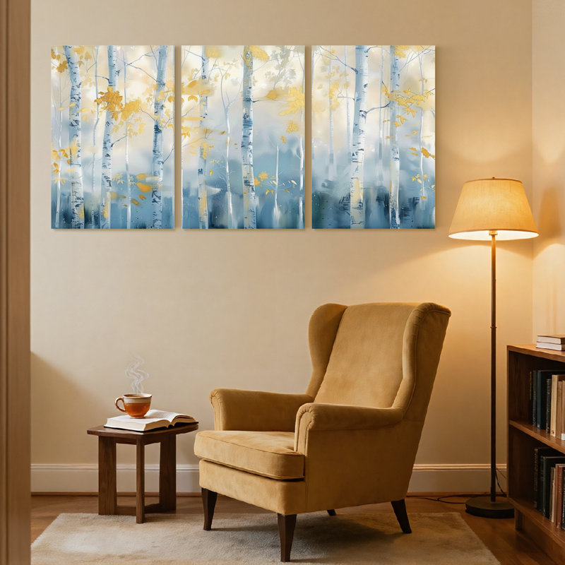 Paysage et nature, bouleaux d'automne, feuilles bleues, ensemble de 3 impressions sur toile, H 24 po x l 48 po