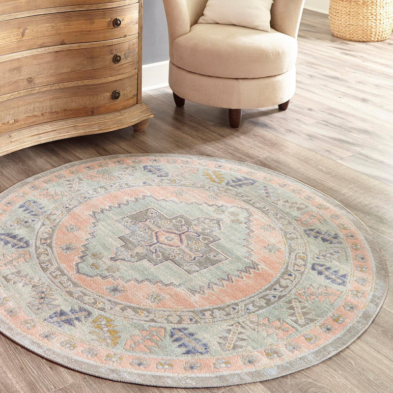 Tapis oriental rose poudré Pointe, Rond 7 pi 1 po