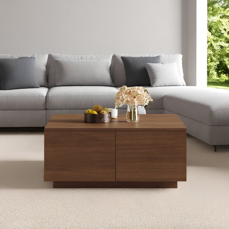Square Modern MDF Storage Table Coffee Table with 4 Drawers, Walnut