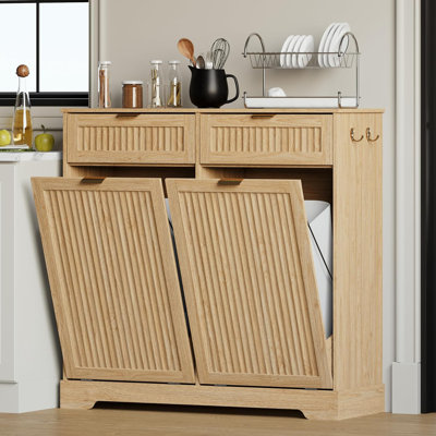 Double Tilt Out Trash Can Cabinet – 2 x 10 Gal, Fluted Trash Garbage Can Cabinet with 2 Drawers & Hooks, Freestanding Pet Proof Garbage Holder for Kitchen Laundry Living Room(Not include trash can)