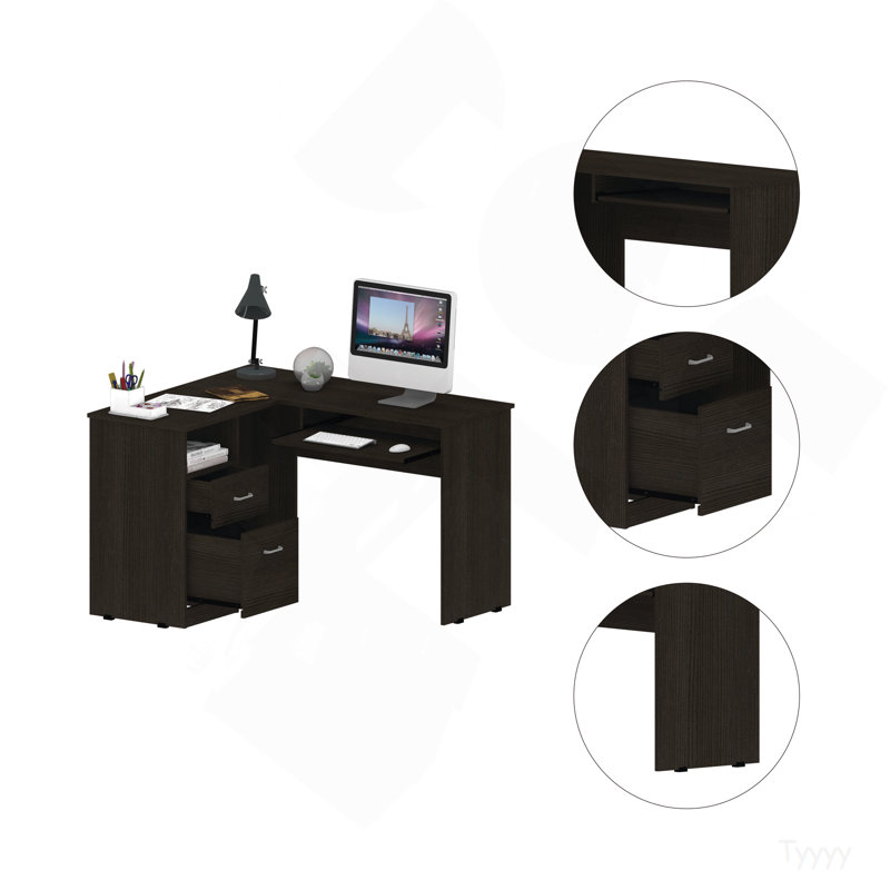 Bureau mixte en forme de L, plateau à clavier, deux tiroirs, tablette ouverte simple - noir, Black
