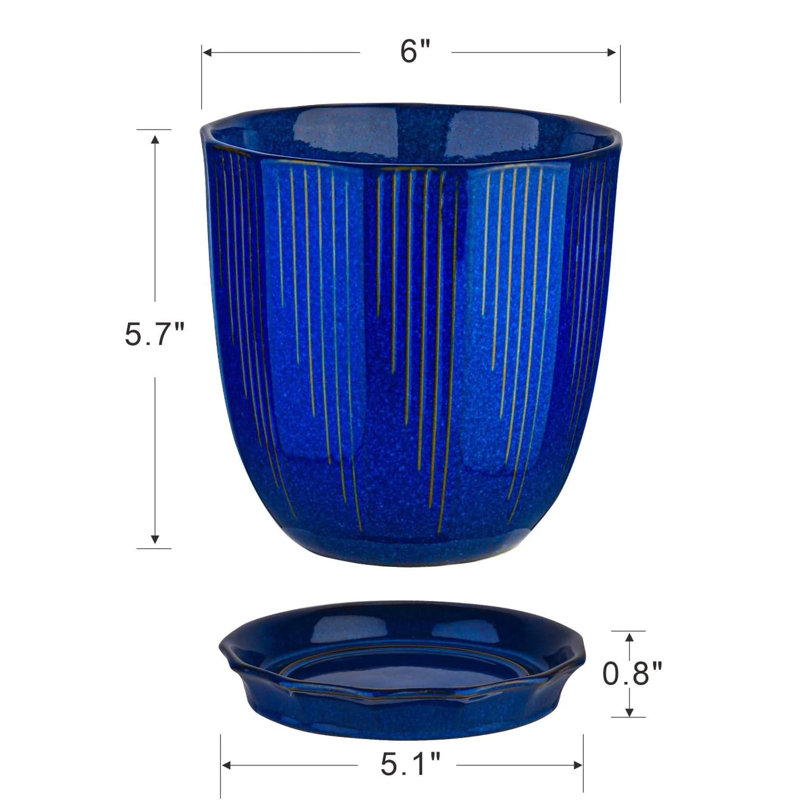 6" White Ceramic Planter (with Drainage & Saucer), Blue