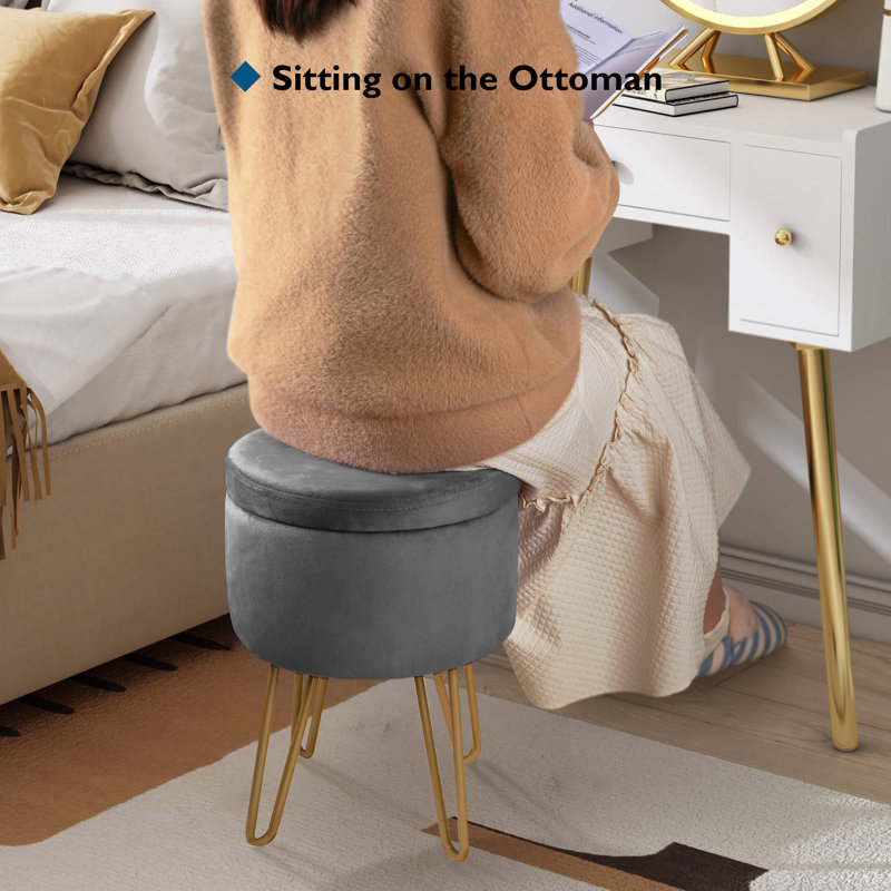 Velvet Storage Upholstered Accent Stool, Grey