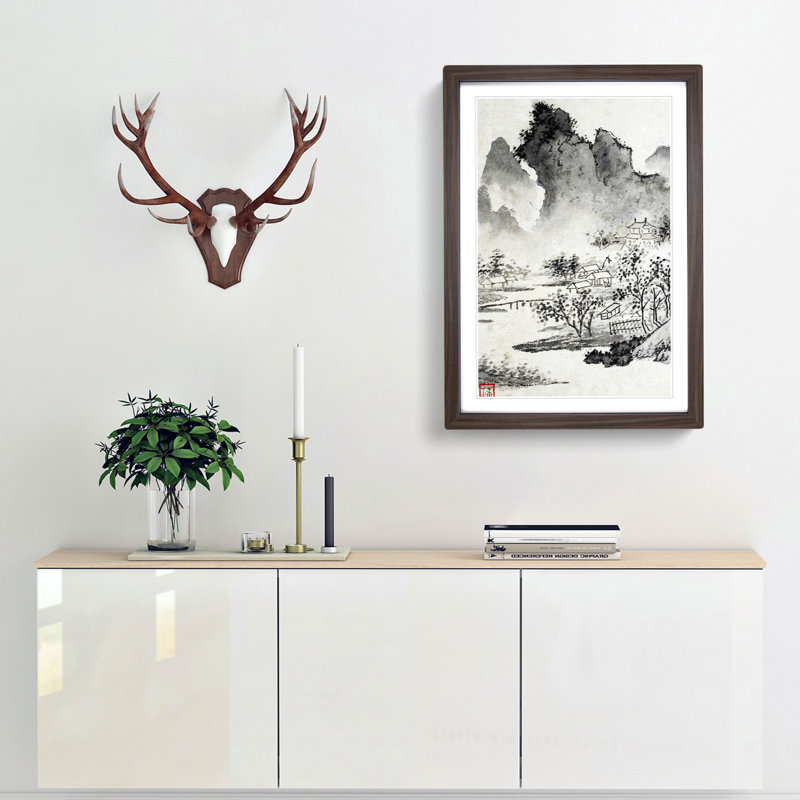 Tress & Mountains by Wen Zhengming - Picture Frame Painting Print, Walnut Framed, 36cm H x 27cm W x 2cm D