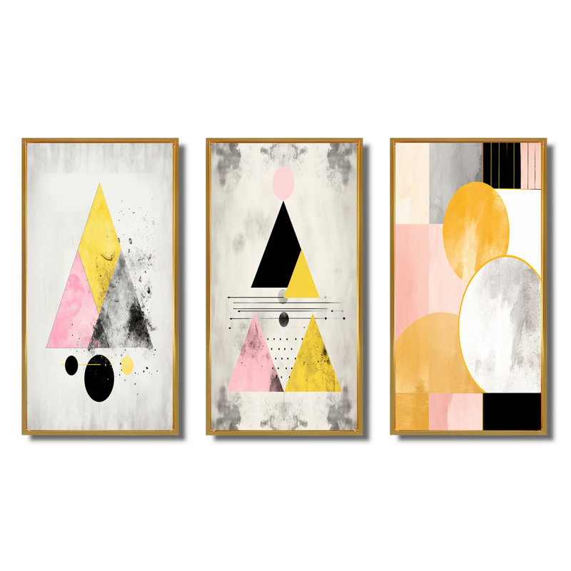 «Transcendence Retro Triangular Minimal IV», 3 pièces sur toile, H 20 po x l 36 po, Cadre flottant doré