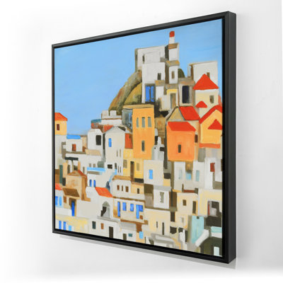 Petites maisons en Grèce - décor de toile contemporaine orange encadré