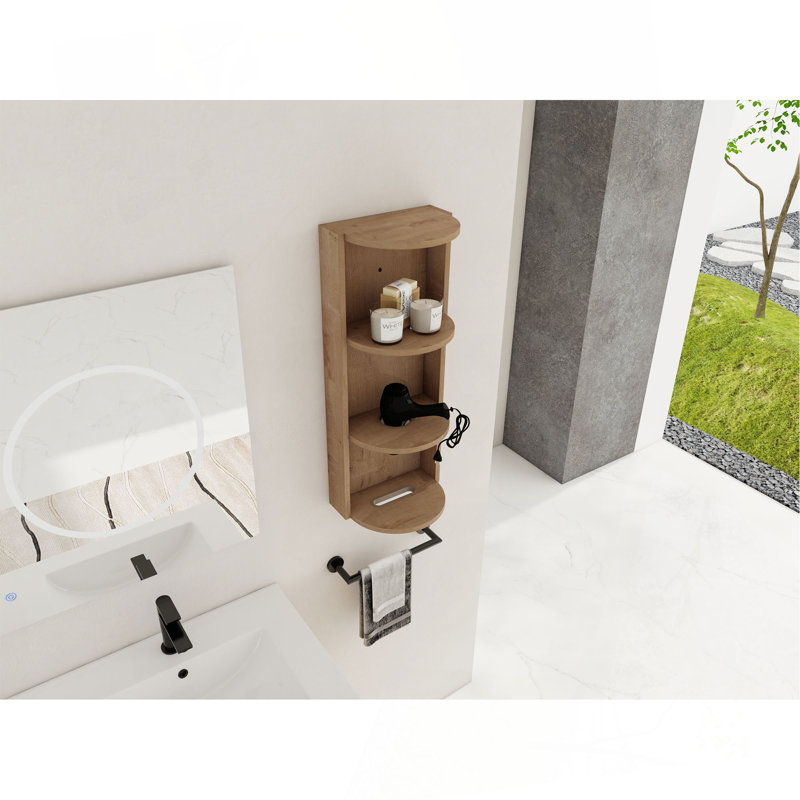 12" Bathroom Wall-Mounted Storage Rack, Float Mounting Design, Imitative Oak