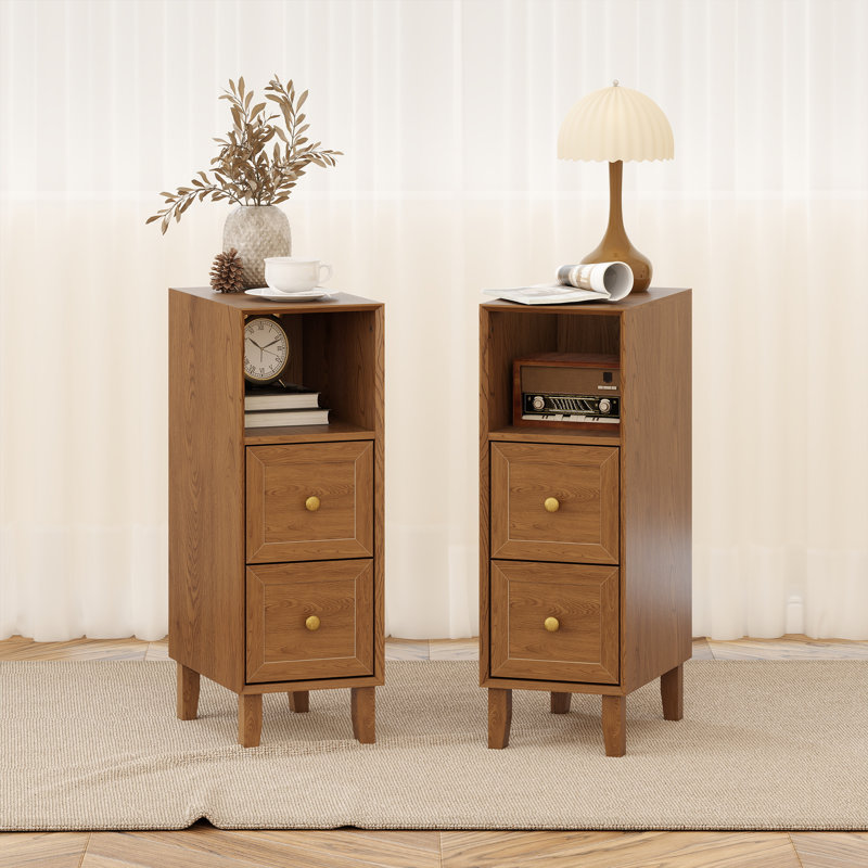 Ensemble de tables de bout à 2 tiroirs avec tablettes de rangement et table d'appoint moderne en bois (ensemble de 2), Noyer