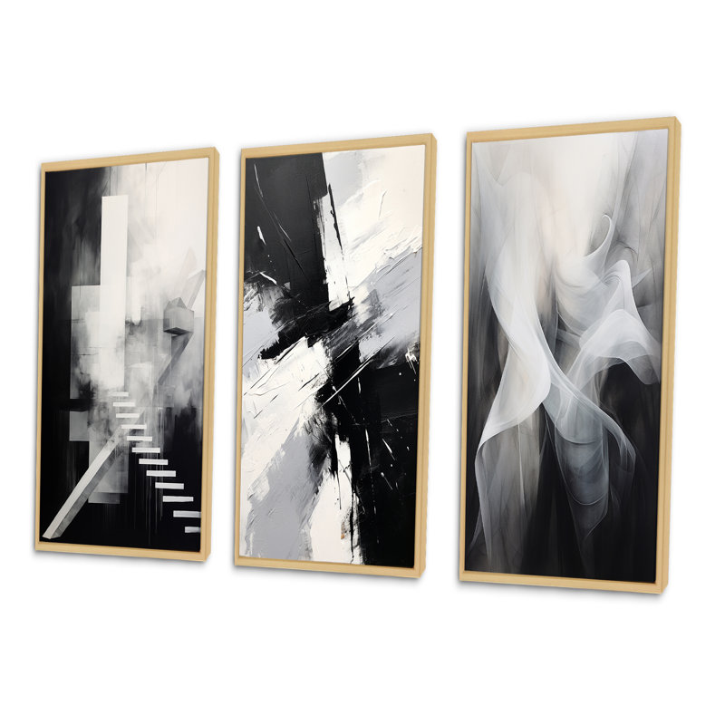 Stairway To Afterthoughts Minimal Black And White - Abstract Painting Art Set Of 3 Pieces, Encadré naturel, H 40 po x l 60 po