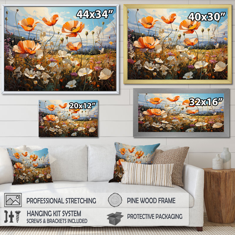 «Peach Sunkissed Petals Wildflowers II», reproduction sur toile, H 16 po x l 32 po x P 1 po, Cadre simple argenté