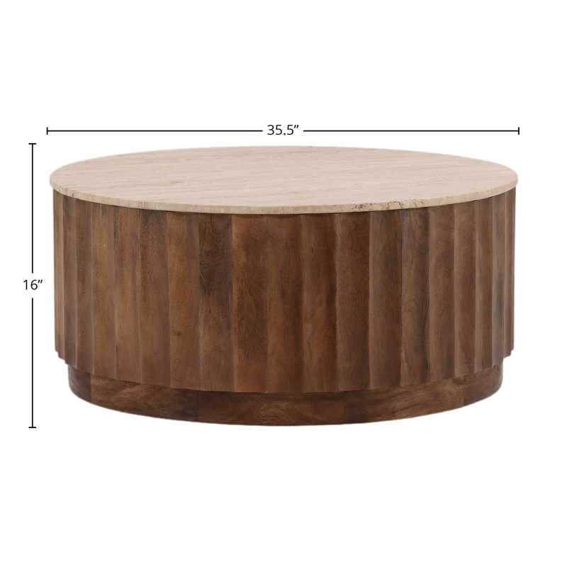 Milburn Round Natural Stone and Medium Brown Wood Coffee Table