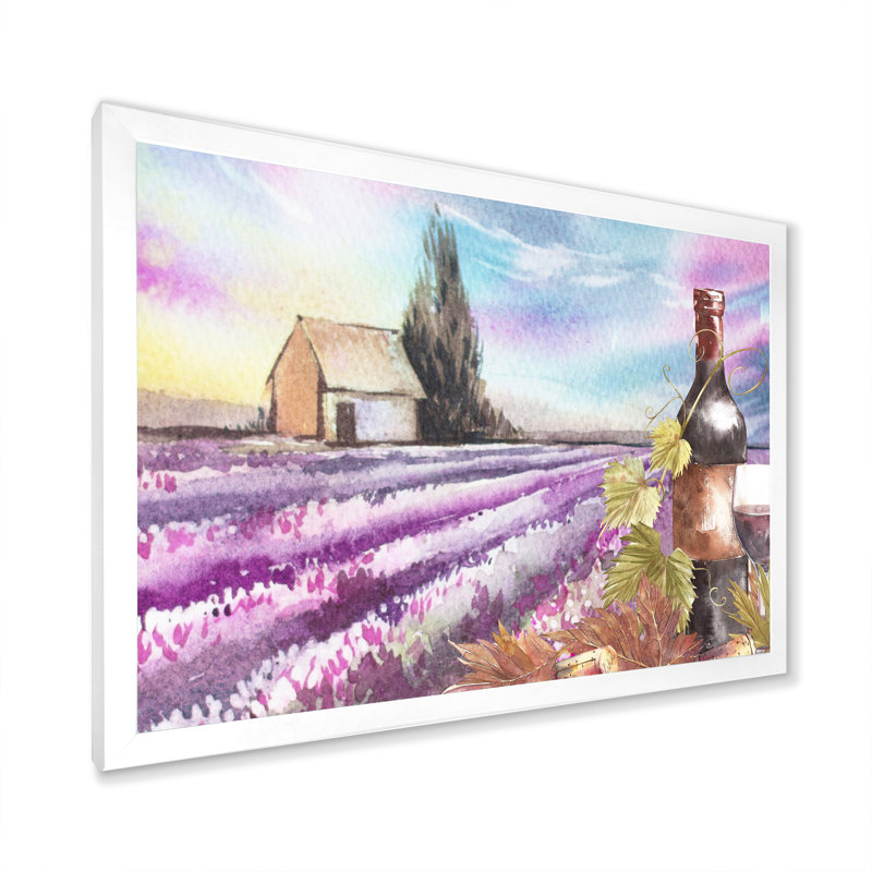 «Bottles and Leaves of Grapes, A Lavender Field III - Country», reproduction d'art sur toile, H 34 po x l 44 po
