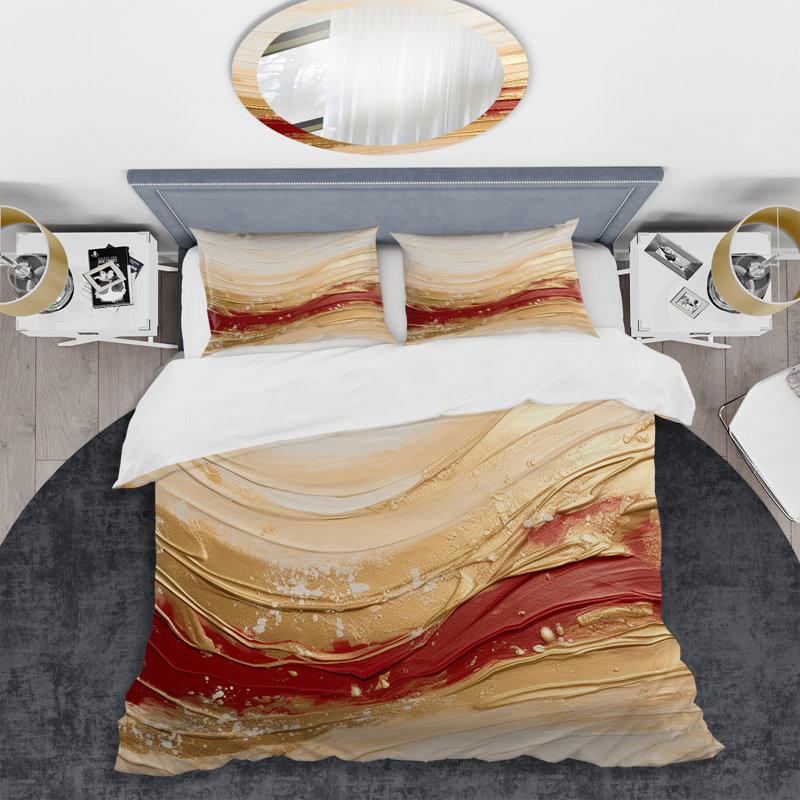 Ensemble de housse de couette Gold and Red Soft Wave Fusion - Abstract Shapes