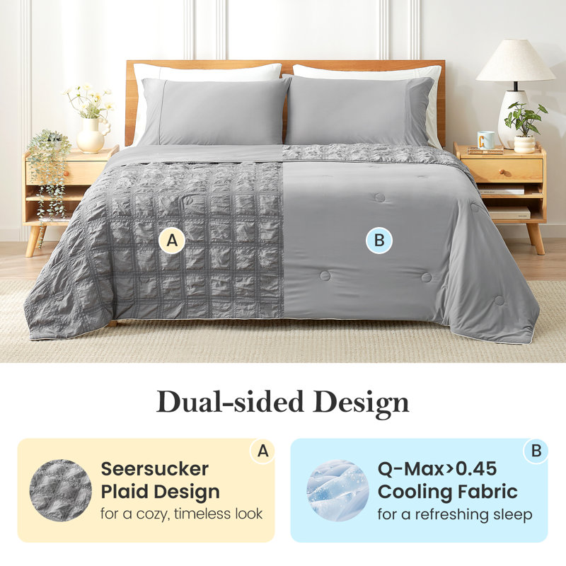 Seersucker Cooling Comforter - Reversible Summer Quilt for Hot Sleepers, Reduces Skin Temp 2-5 Degrees, Pet-Friendly, Machine Wash Tumble Dry Low
