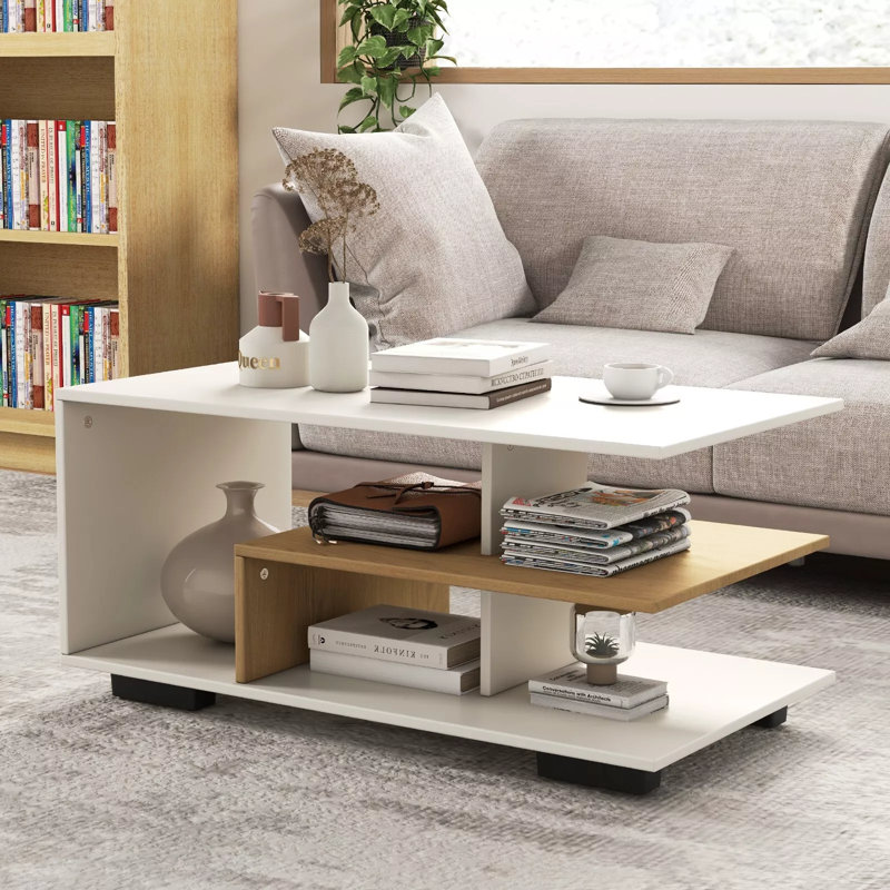 Farnum Four Leg Coffee Table with Storage, White, White/Brown