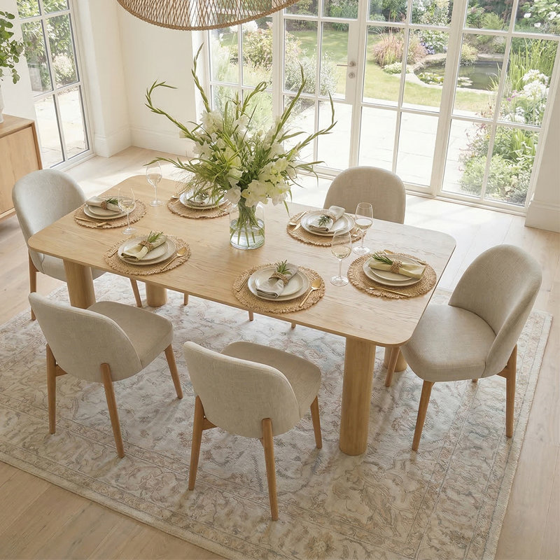 7-Piece Rectangular Solid Wood Dining Set with 6 Upholstered Dining Chairs, Beige