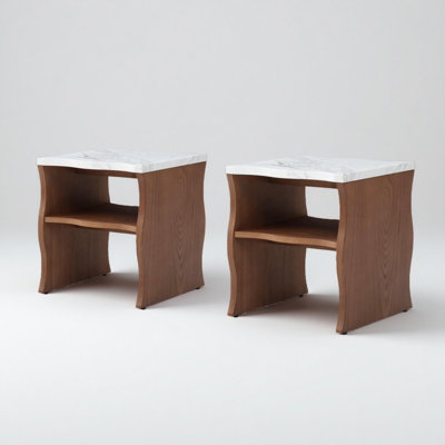 17" Farmhouse End Table With Marble Top & Storage Shelf, 2-pack