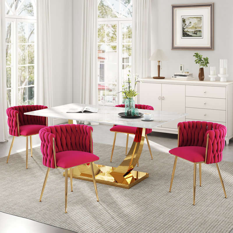 Rectangle Pedestal Dining Set with Woven Dining Chair, Rose Red