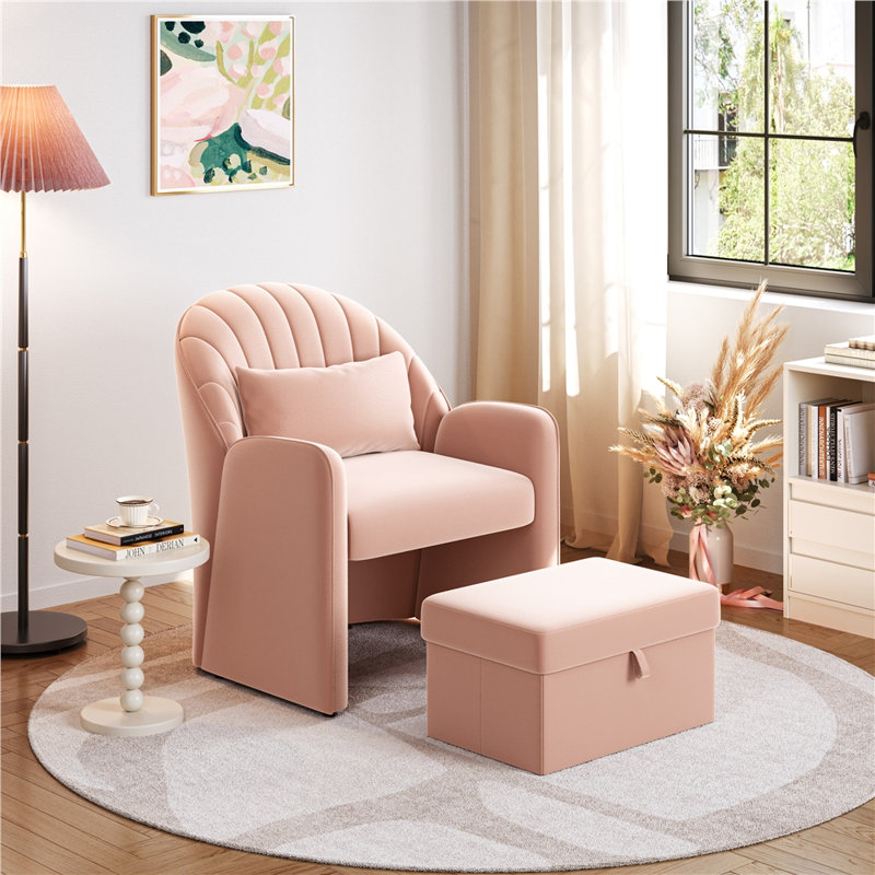 Fauteuil d'appoint en velours demi-tonneau avec repose-pieds, Velours rose