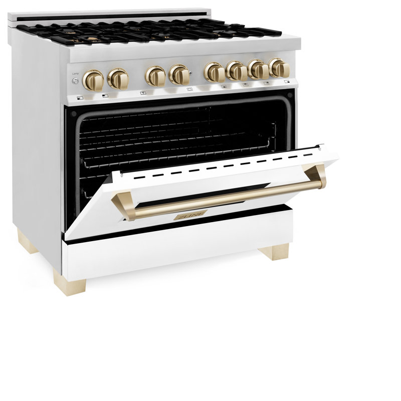 ZLINE 36" White Matte Dual Fuel Range with Champagne Bronze Accents