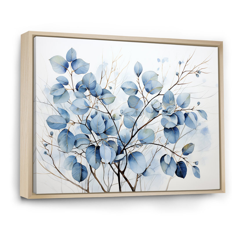 Art mural bleu et gris avec feuilles sur une branche III - feuilles, Cadre naturel flottant, H 30 po x l 40 po x P 1,5 po