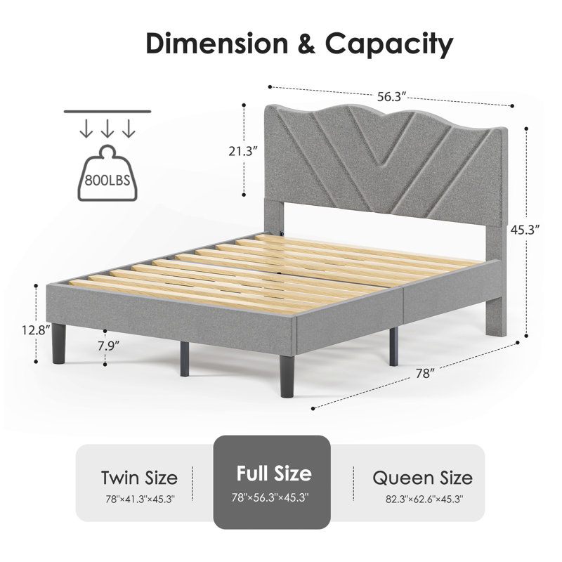 Full Size Modern Platform Bed Frame With Upholstered Headboard & Wooden Slats - No Box Spring Needed, Easy Assembly, Full