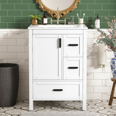   20" Solid Wood Bathroom Vanity with Sink, Freestanding Small Space Cabinet - White