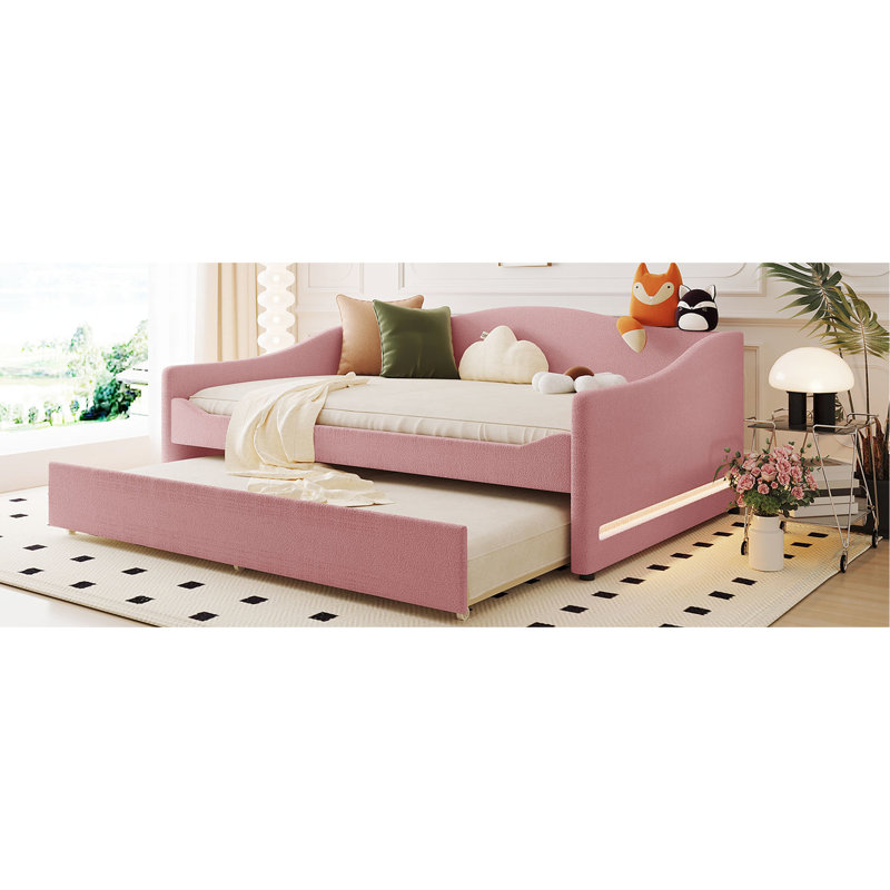 Pink Fleece Daybed With Led And Collapsible Trundle - Portable Convenient Upholstered In Soft Cozy, Full, Pink