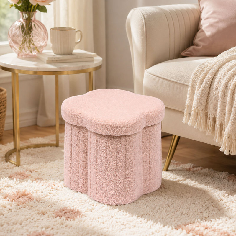 Repose-pieds en forme de fleur avec housse souple Boucle, Fausse fourrure, Rose